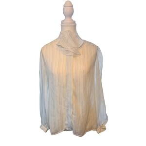 Vintage Lady Arrow Sheer Striped Tie Neck Button Up Blouse Lightweight